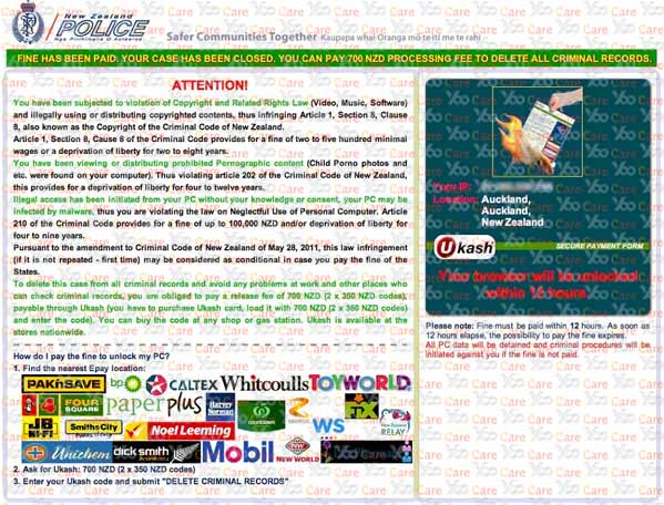 New Zealan Police Virus - Fine has been paid. Your case has been closed. You Can Pay 700 NZD Processing Fee To Delete All Criminal Records.