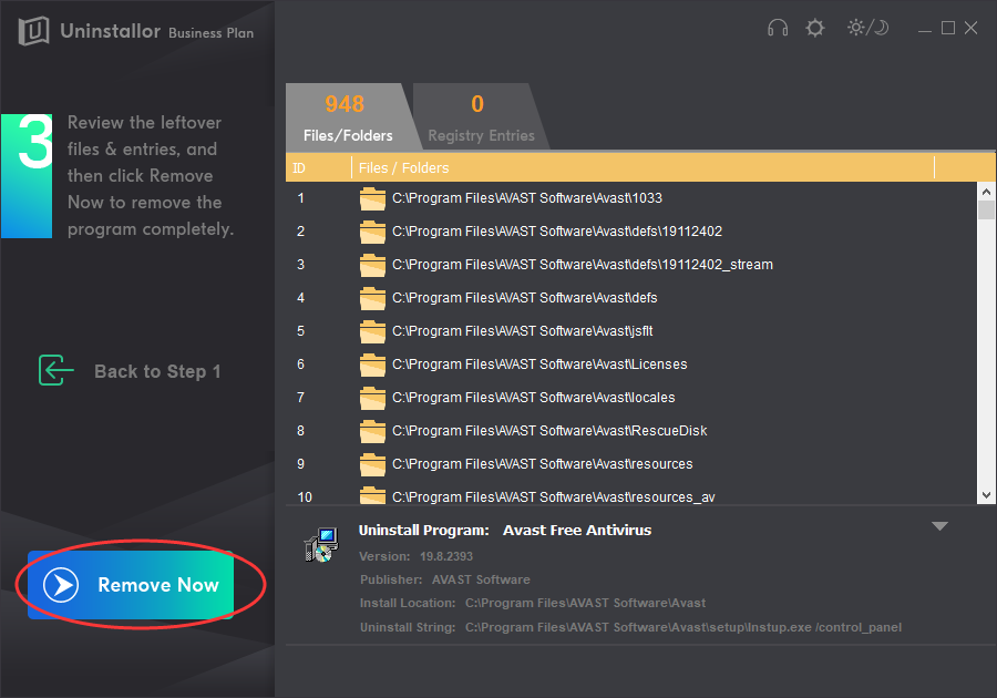 remove avast antivirus from registry