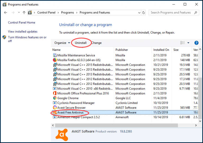how to uninstall avast antivirus from control panel