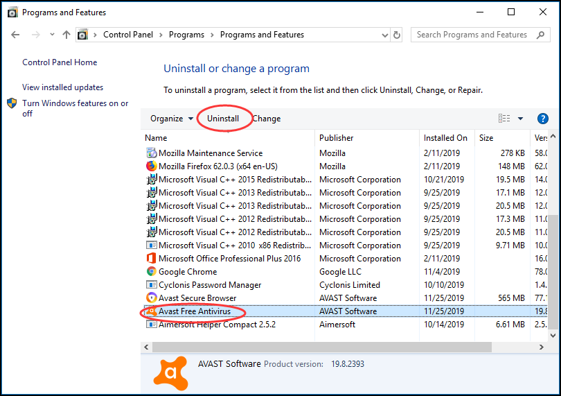 uninstall avast free antivirus