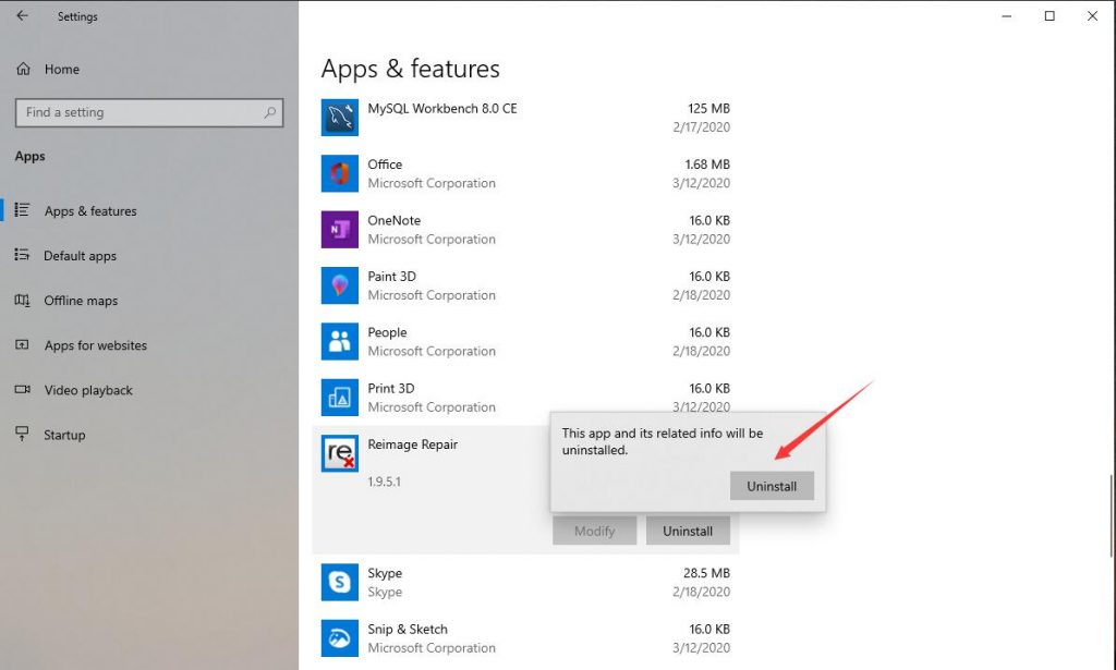 how to uninstall reimage cleaner on windows 10