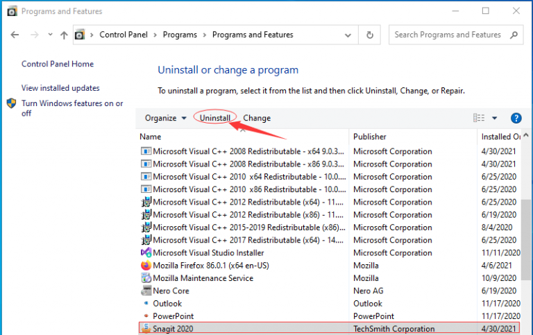 howto uninstall techsmith snagit